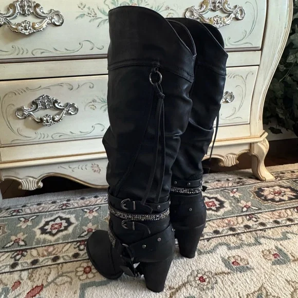 Not Rated Stacey High Harness Slouchy Boots Rhinestone Straps And Buckles - Picture 7 of 16